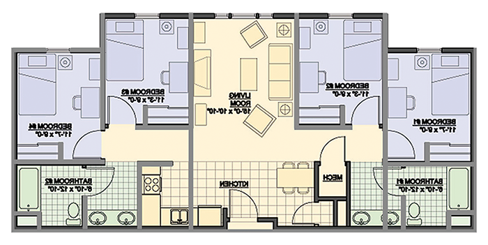Suite floor plan with two bedrooms 11 feet 7 inches by 9 feet, two bedrooms 11 feet 3 inches by 9 feet, bathrooms 6 feet 10 inches by 12 feet 10 inches, and 客厅 15 feet by 10 feet 10 inches. The 厨房 is slightly larger than the 客厅.